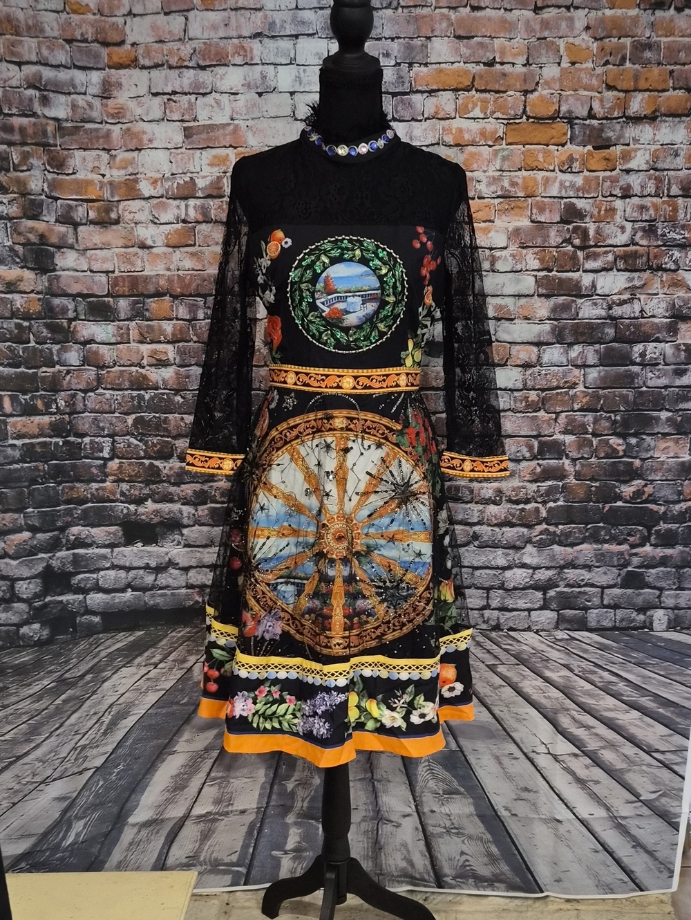 Johnny Was Black Lace Long-Sleeve Dress with Gold and Blue Baroque Wheel Print